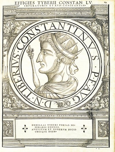 Tyberius Constantinus, ilustración de Imperatorum romanorum omnium orientalium et occidentalium verissimae imagines ex antiquis numismatis de Hans Rudolf Manuel Deutsch